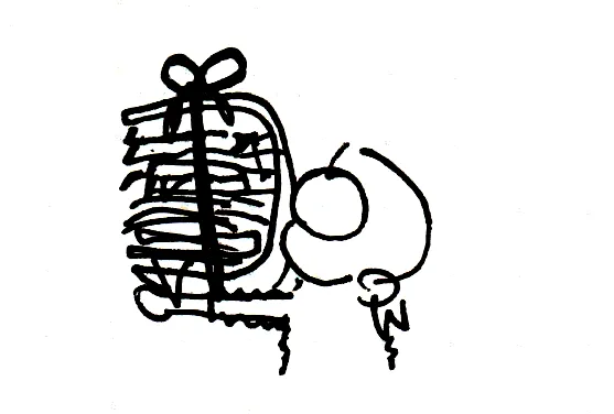 A sketch of Boba-tan carrying a huge stack of papers tied with a bow.