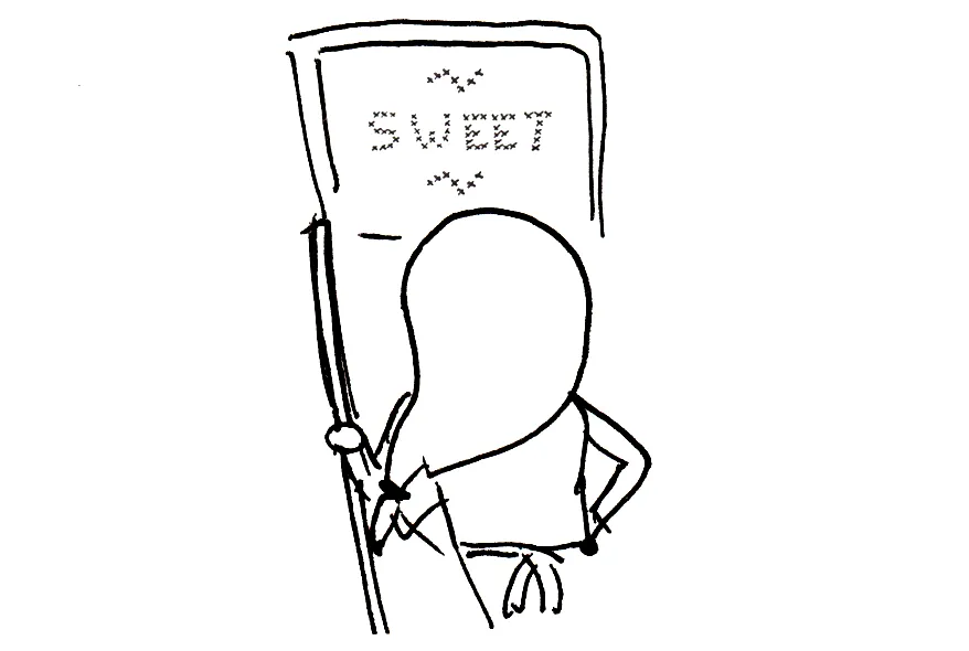 A sketch of Terminal looking at a cross-stitch that says “[tilde] sweet [tilde]”.