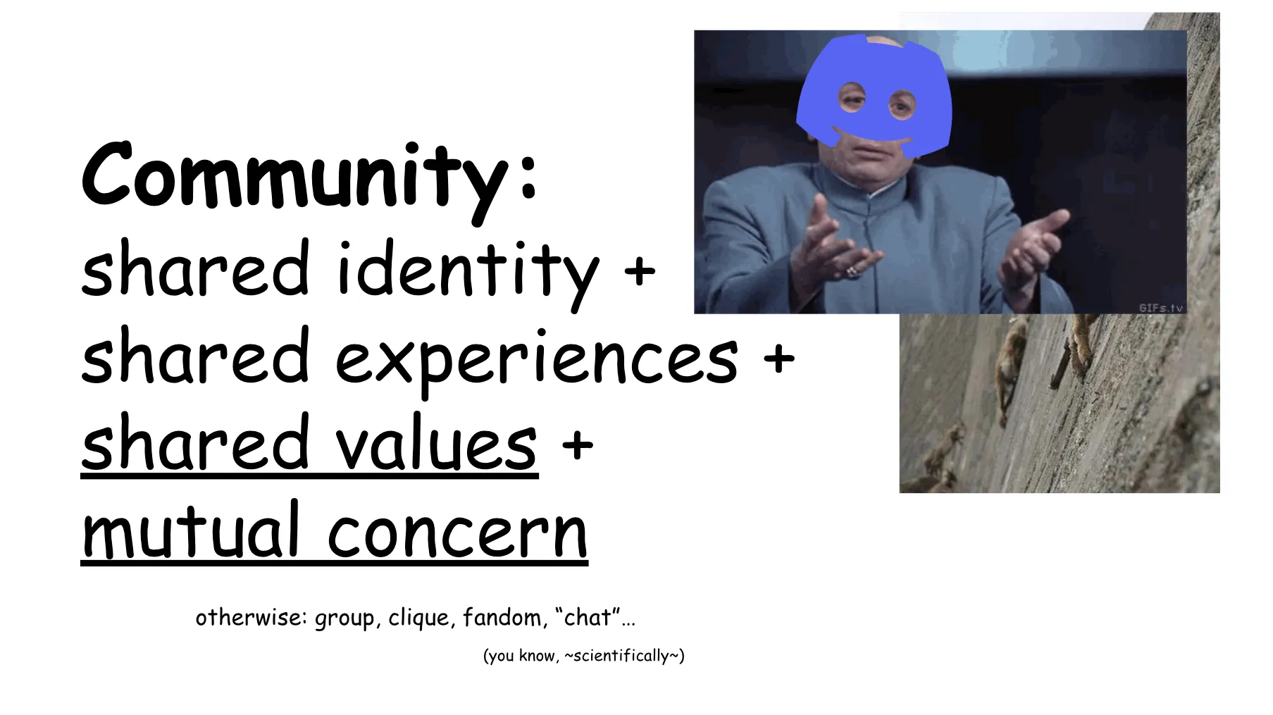 Slide 11. The same as the prior slide, but now with Dr. Evil (from Austin Powers) overlapping the goats. The Discord logo is superimposed over Dr. Evil's face.