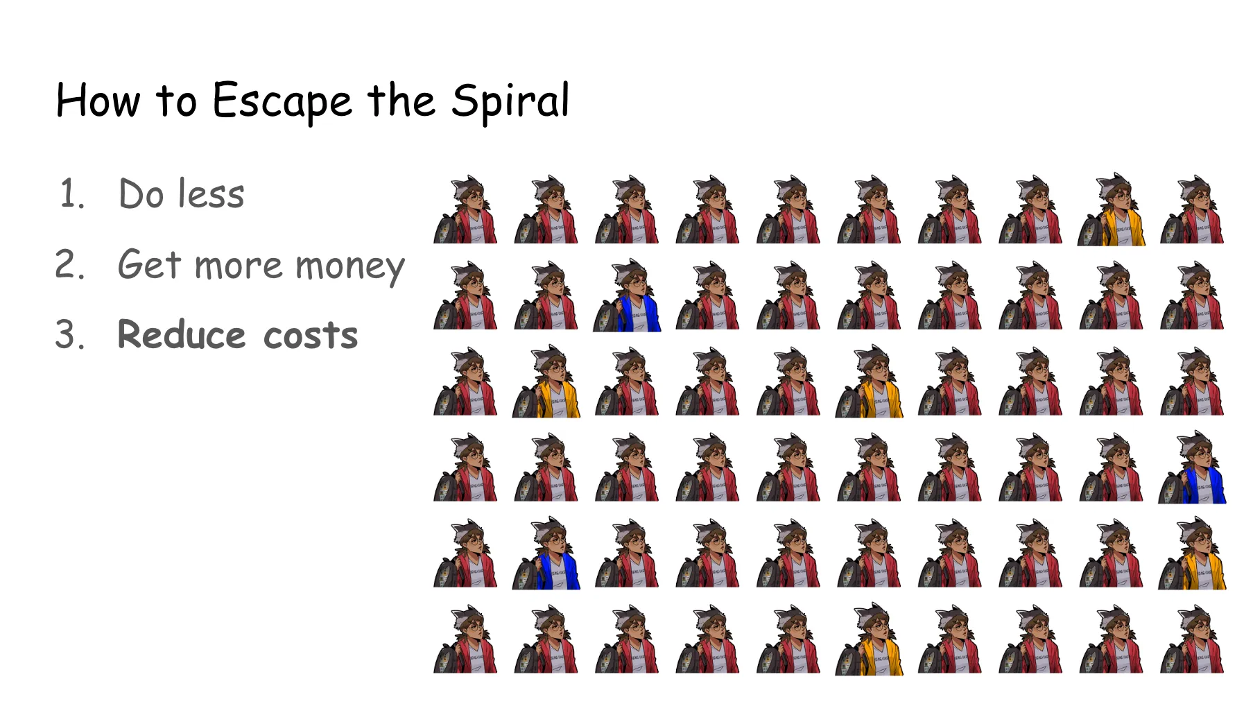 Slide 27. The prior slide (Reduce costs) with a return of the feeling lonely in a crowd Boba-tans from slide 9.