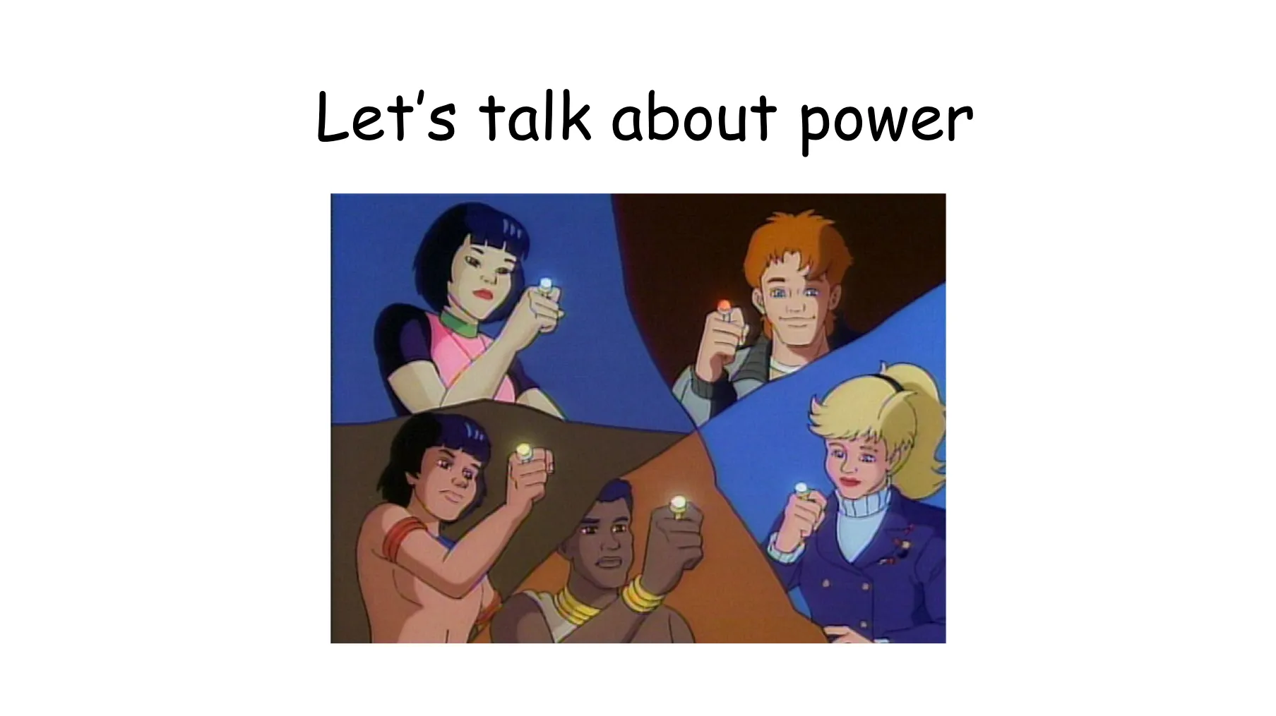Slide 29. Let's talk about power. The five Planeteers raise their elemental rings (earth, fire, wind, water, and heart) to summon Captain Planet by their powers combined.