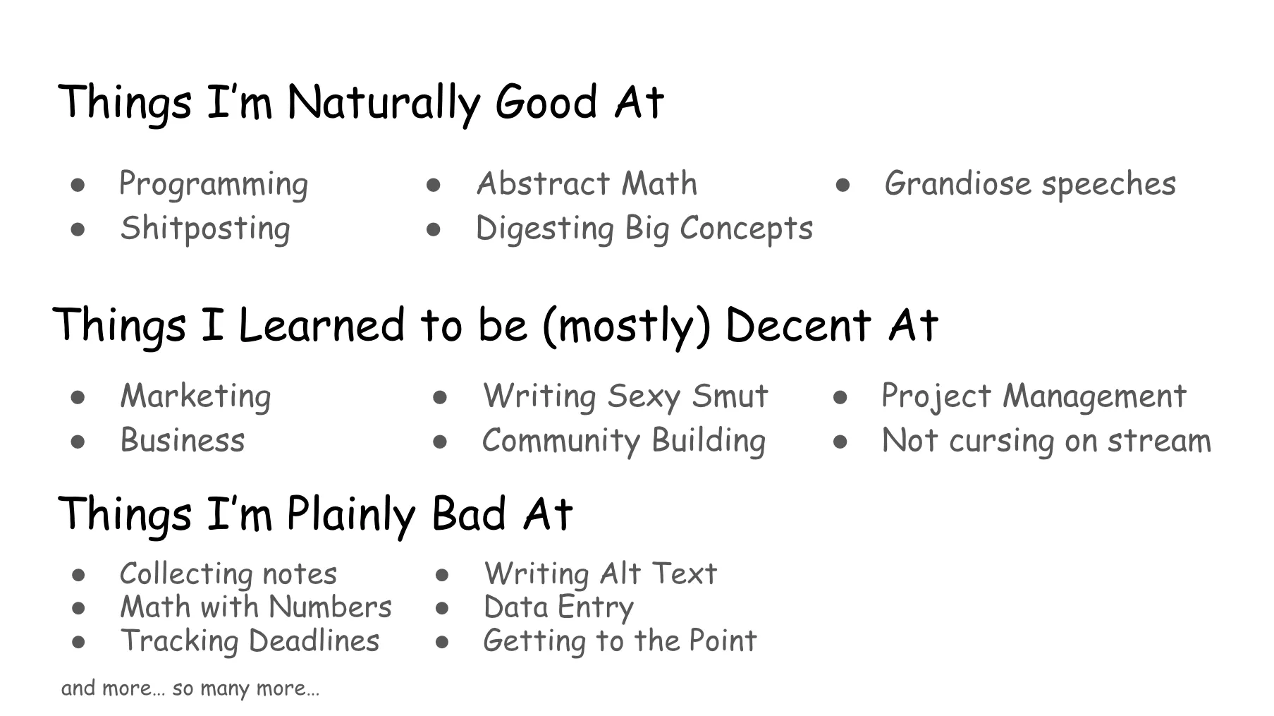 Slide 48. Same as prior, with a third and final section added. Things I'm Plainly Bad At: Collecting notes, Math with Numbers, Tracking Deadlines, Writing Alt Text, Data Entry, Getting to the Point. Then in smaller text below: and more... so many more...