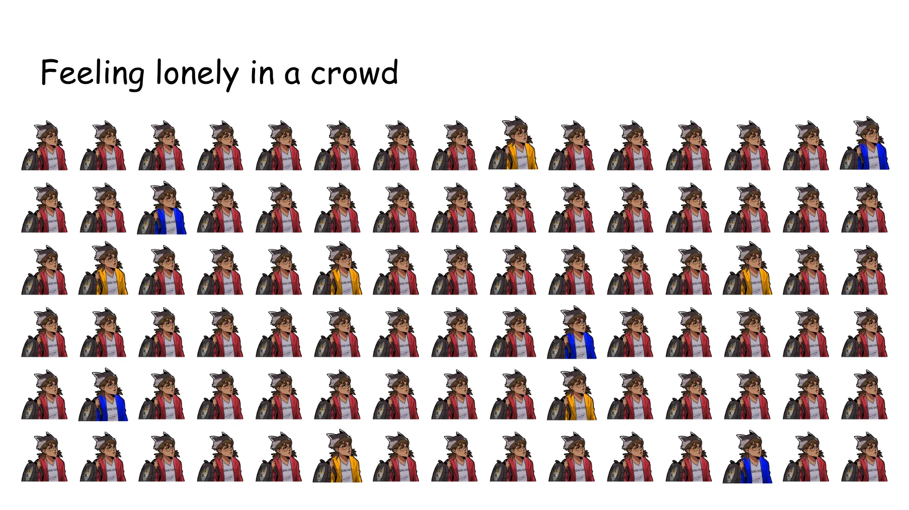 Slide 9. Feeling lonely in a crowd. There are ninety Boba-tan icons arranged in six rows of fifteen. Most of them have a red jacket, but interspersed throughout, a bit like a Where's Waldo? puzzle, are five with a blue jacket and six with a yellow jacket.